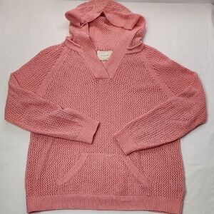 Shirt 469 Large Crochet Pink Linen/Cotton Hooded Kangaroo Pocket Pullover